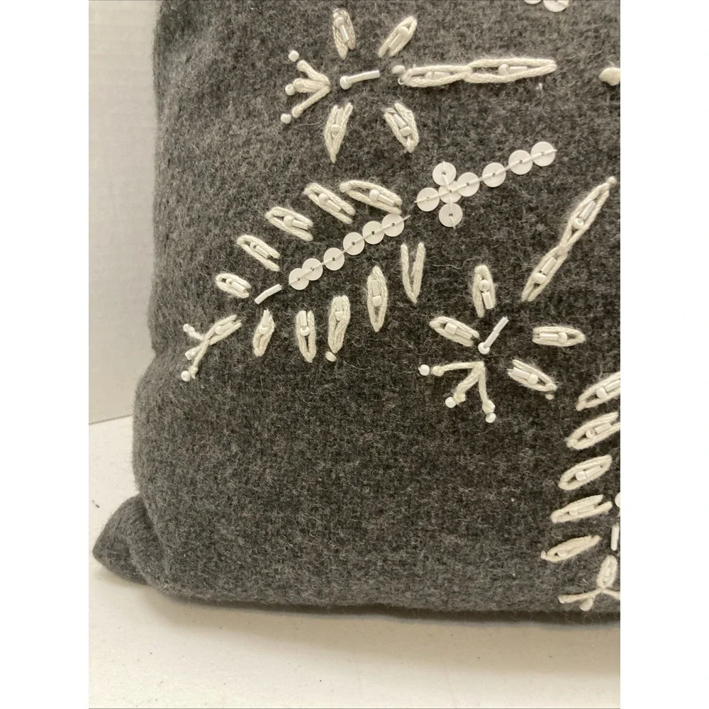 Vtg Pier 1 Beaded Flannel Pillow Gray Snowflake Beaded Sequin 15